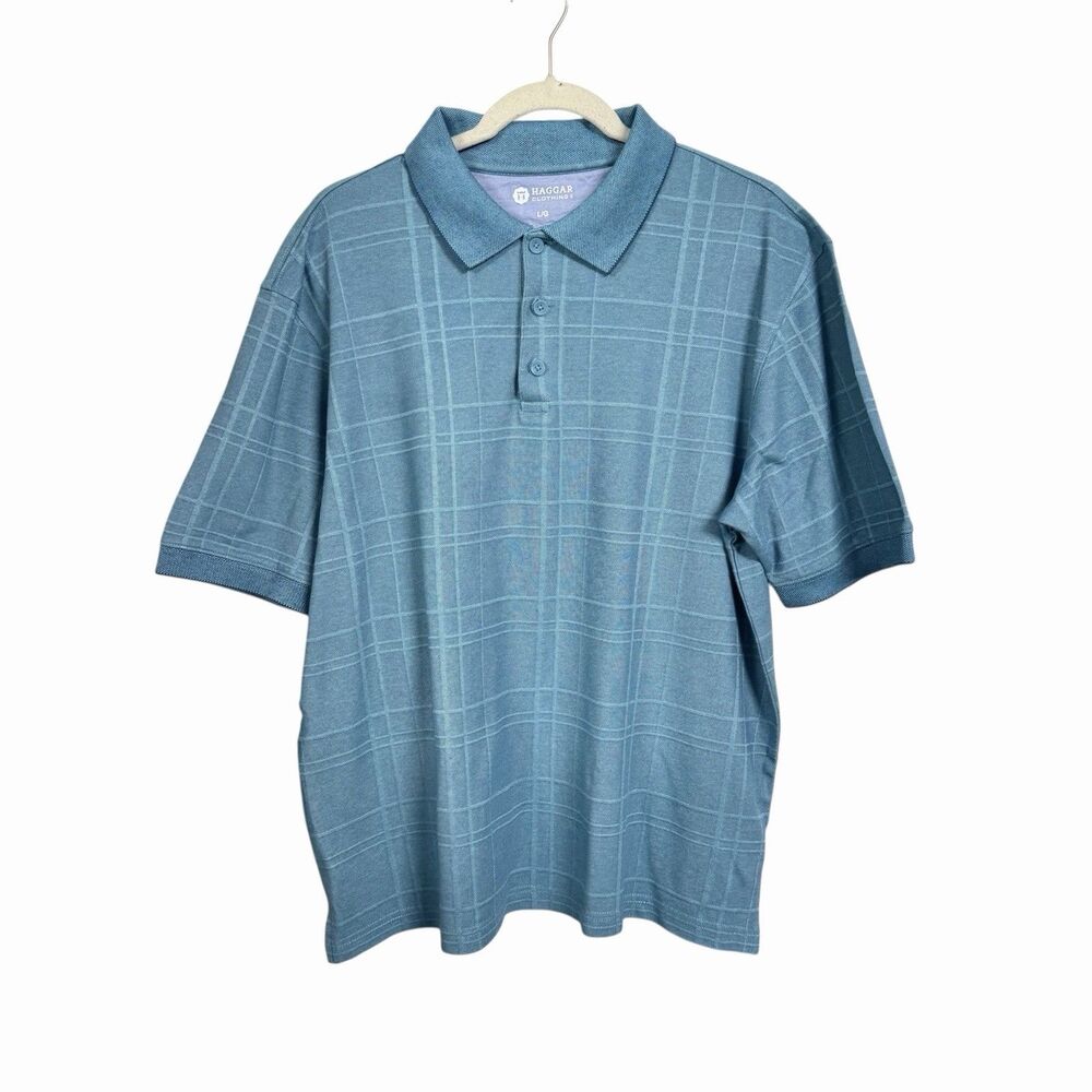 Haggar Clothing Men’s Sz L Blue Pique Knit Polo Shirt Short Sleeve Plaid Top